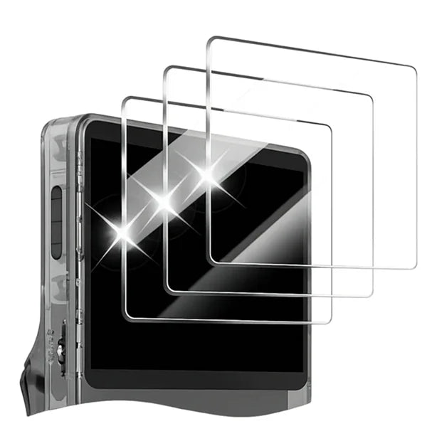 RetroGamer Pro tempered glass screen protector set, 3-pack, showing layered transparent glass protecting the handheld console display
