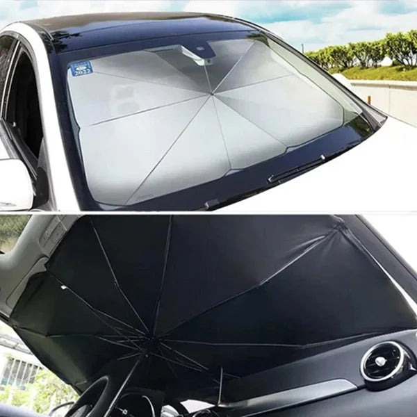 Car sunshade with umbrella-like design on a car window