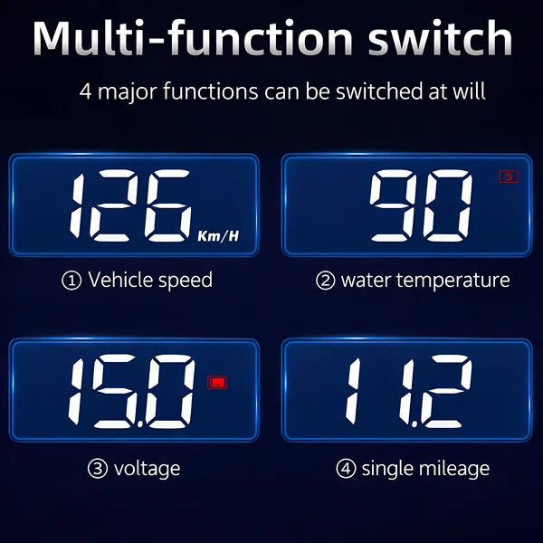 Multi-function switch with digital displays for vehicle speed, water temperature, voltage, and single mileage on a dark background.