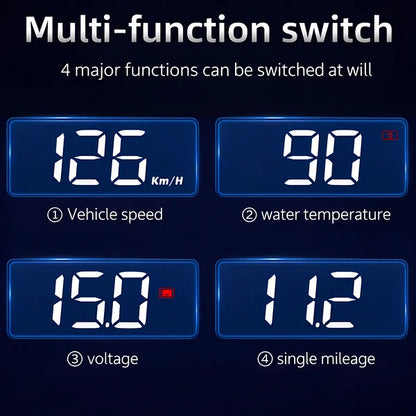 Multi-function switch with digital displays for vehicle speed, water temperature, voltage, and single mileage on a dark background.