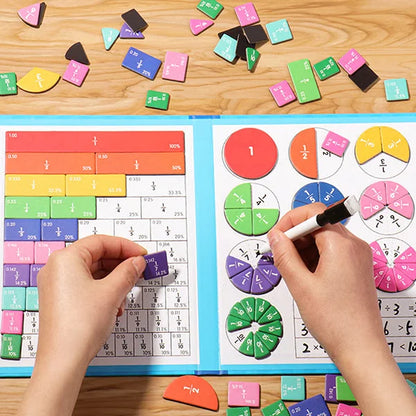Educational math game with colorful tiles and a chart on a wooden surface