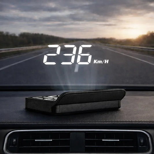 Car dashboard with a digital speed display showing 236 km/h, mounted device on dashboard.