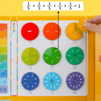 Educational math board with colorful fraction pieces and a hand interacting with them.