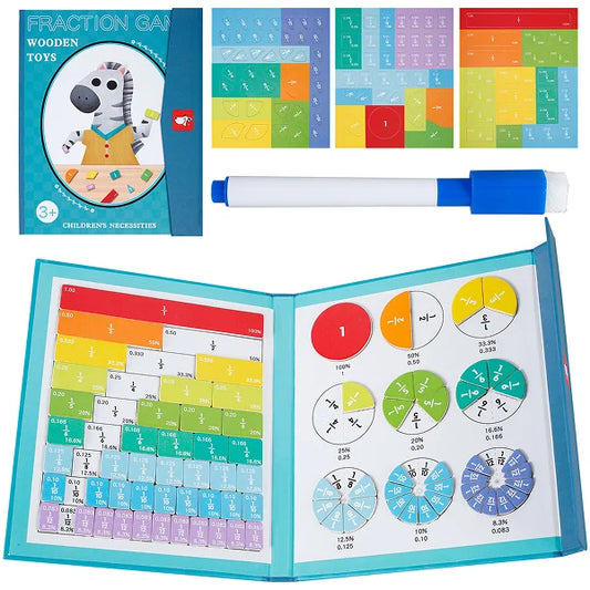 Educational fraction game set with colorful components and a marker.