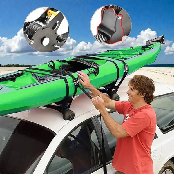 Person attaching a green kayak to a car roof with close-ups of the kayak rack.