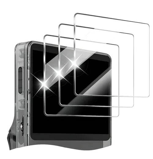 RetroGamer Pro tempered glass screen protector set, 3-pack, showing layered transparent glass protecting the handheld console display