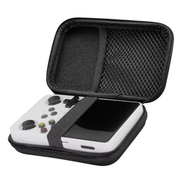 RetroGamer Pro portable gaming console stored inside a black protective carrying case with mesh pocket and elastic strap