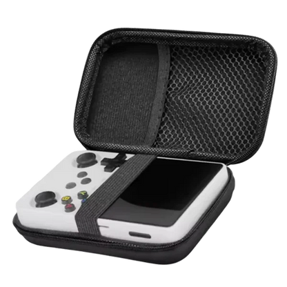 RetroGamer Pro portable gaming console stored inside a black protective carrying case with mesh pocket and elastic strap