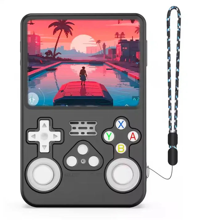 RetroGamer Pro retro handheld gaming console in black shockproof case with display and wrist strap