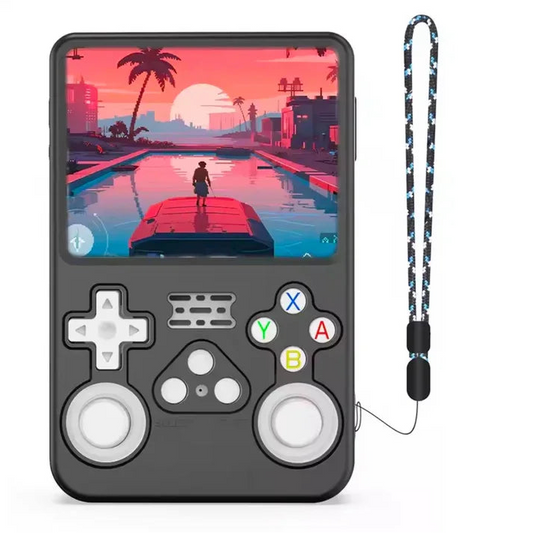 RetroGamer Pro retro handheld gaming console in black shockproof case with display and wrist strap