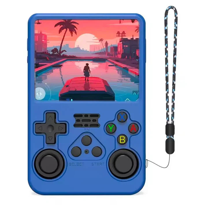 RetroGamer Pro retro handheld gaming console in blue shockproof case with dual analog sticks