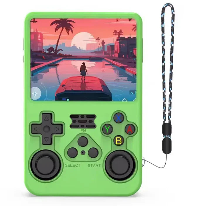 RetroGamer Pro portable retro gaming console in green shockproof case with wrist strap