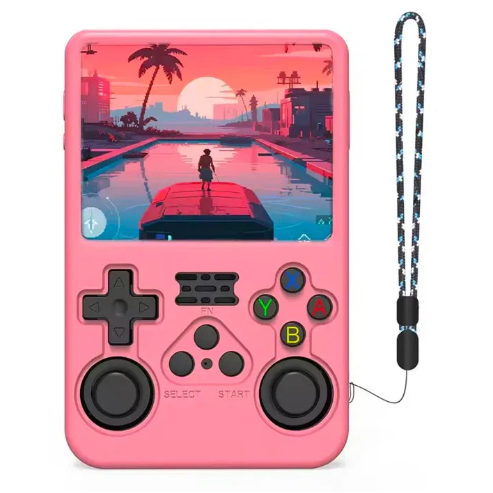 RetroGamer Pro retro handheld console in pink shockproof case with dual analog sticks