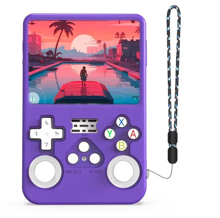 RetroGamer Pro portable retro game console in purple shockproof case with colorful buttons
