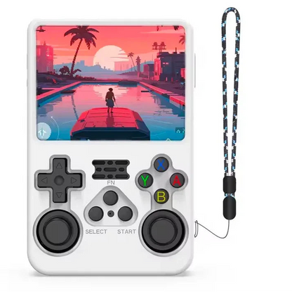 RetroGamer Pro portable retro gaming console in white shockproof case with screen and wrist strap