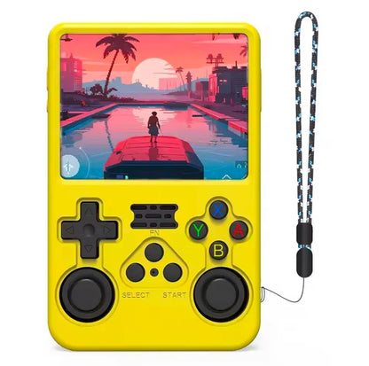 RetroGamer Pro retro handheld gaming console in yellow shockproof case with screen and controls