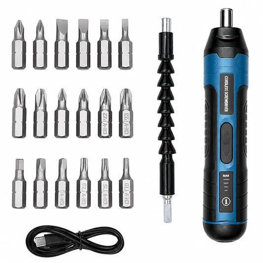 A cordless screwdriver kit with a blue and black handheld screwdriver, a black flexible shaft, multiple silver metal screwdriver bits, and a black USB charging cable on a white background.