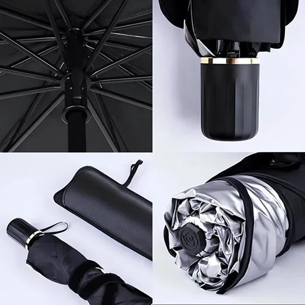 Collage of a black umbrella showing different parts and design details.