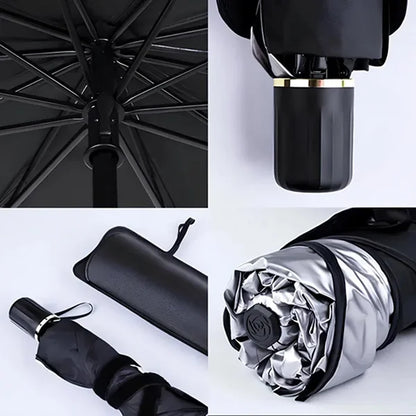 Collage of a black umbrella showing different parts and design details.